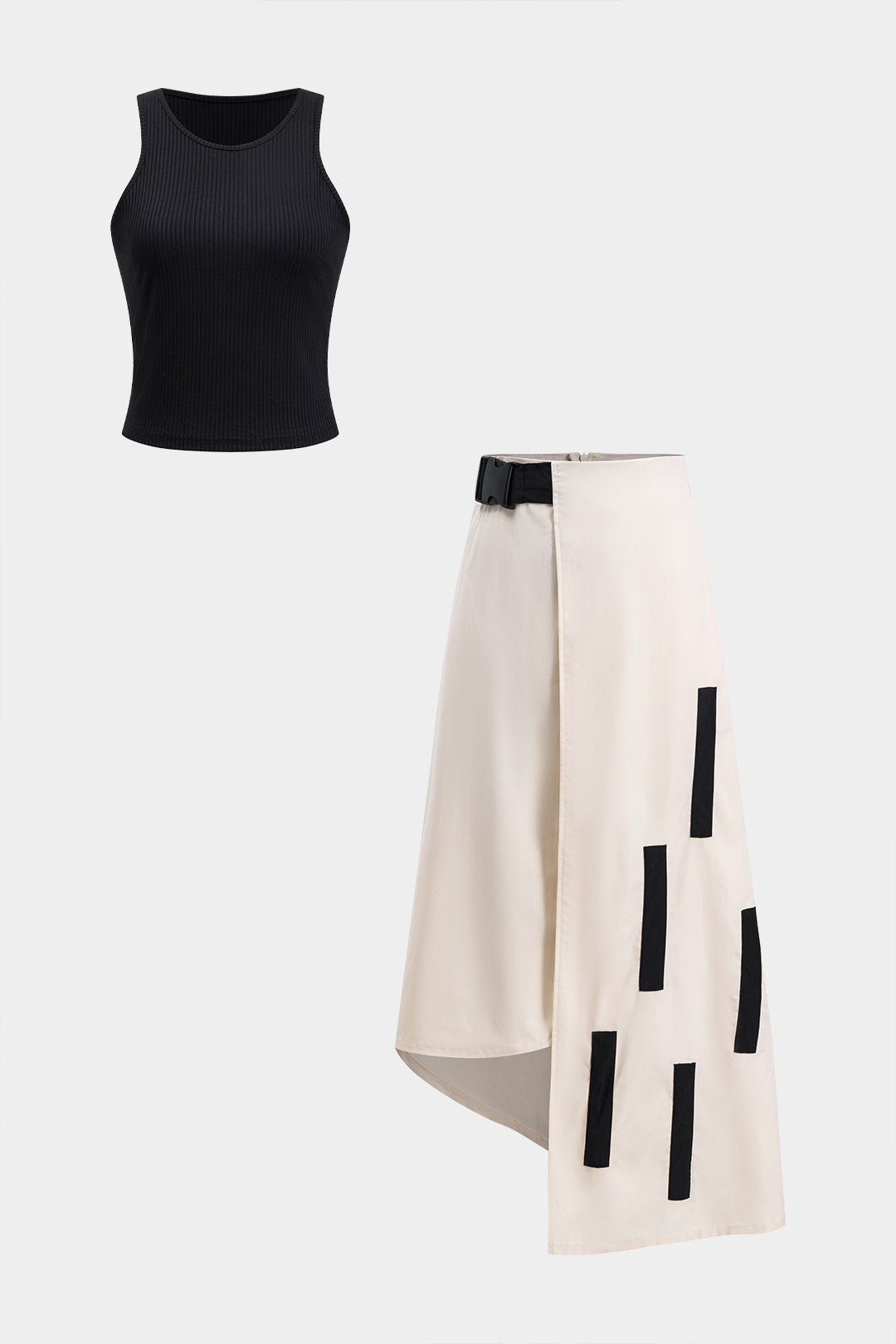 Ribbed Tank Top And Contrast Asymmetrical Zipper Skirt Set