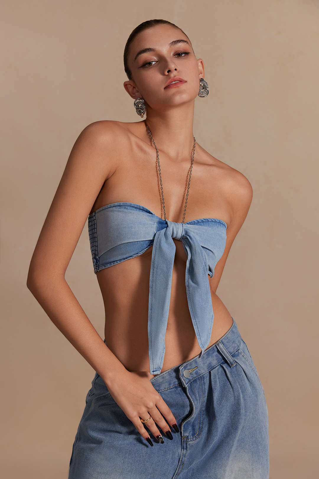 Chain Strap Halter Denim Bow Cami Top