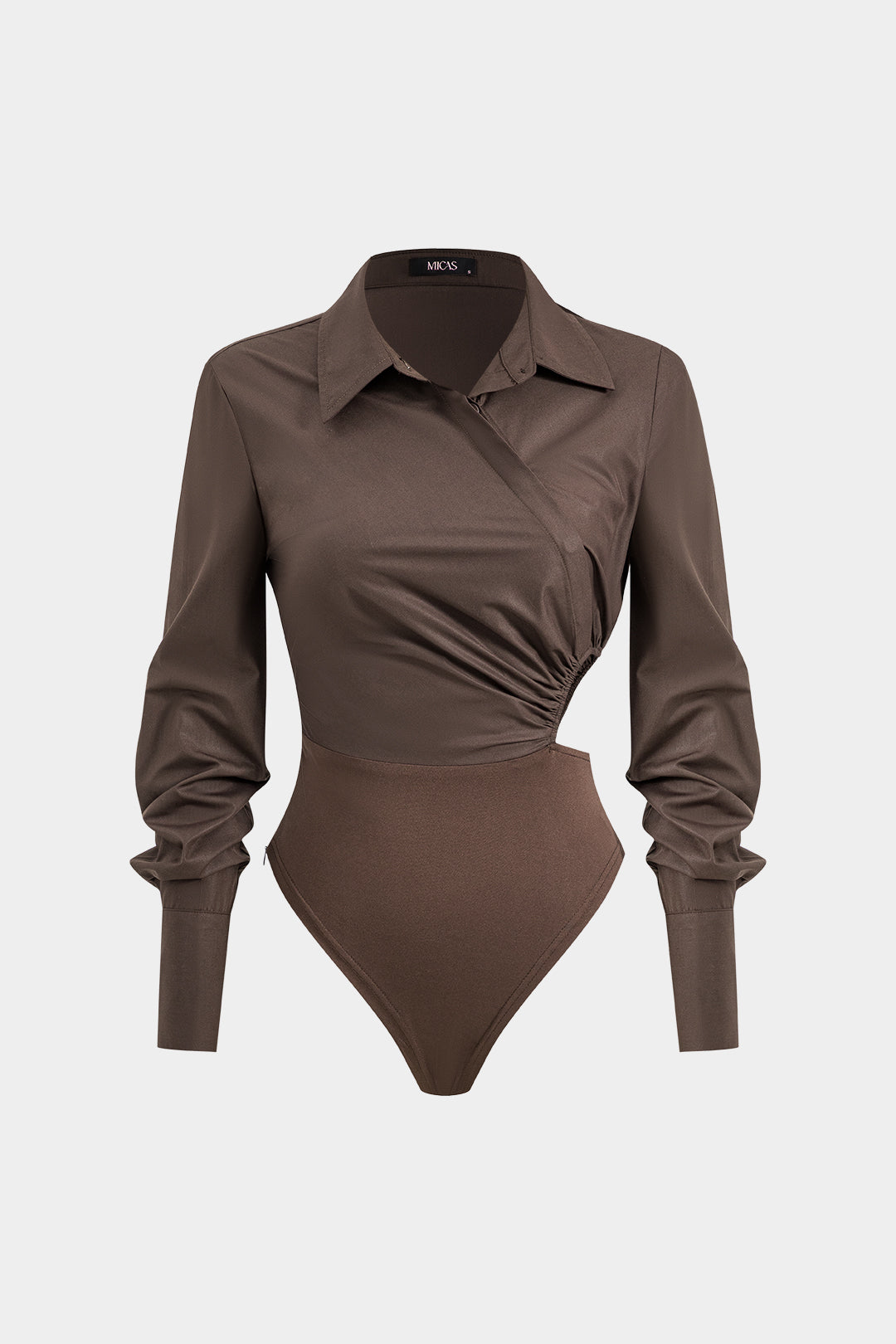 Asymmetry Patchwork Ruched Cut Out Long Sleeve Bodysuit