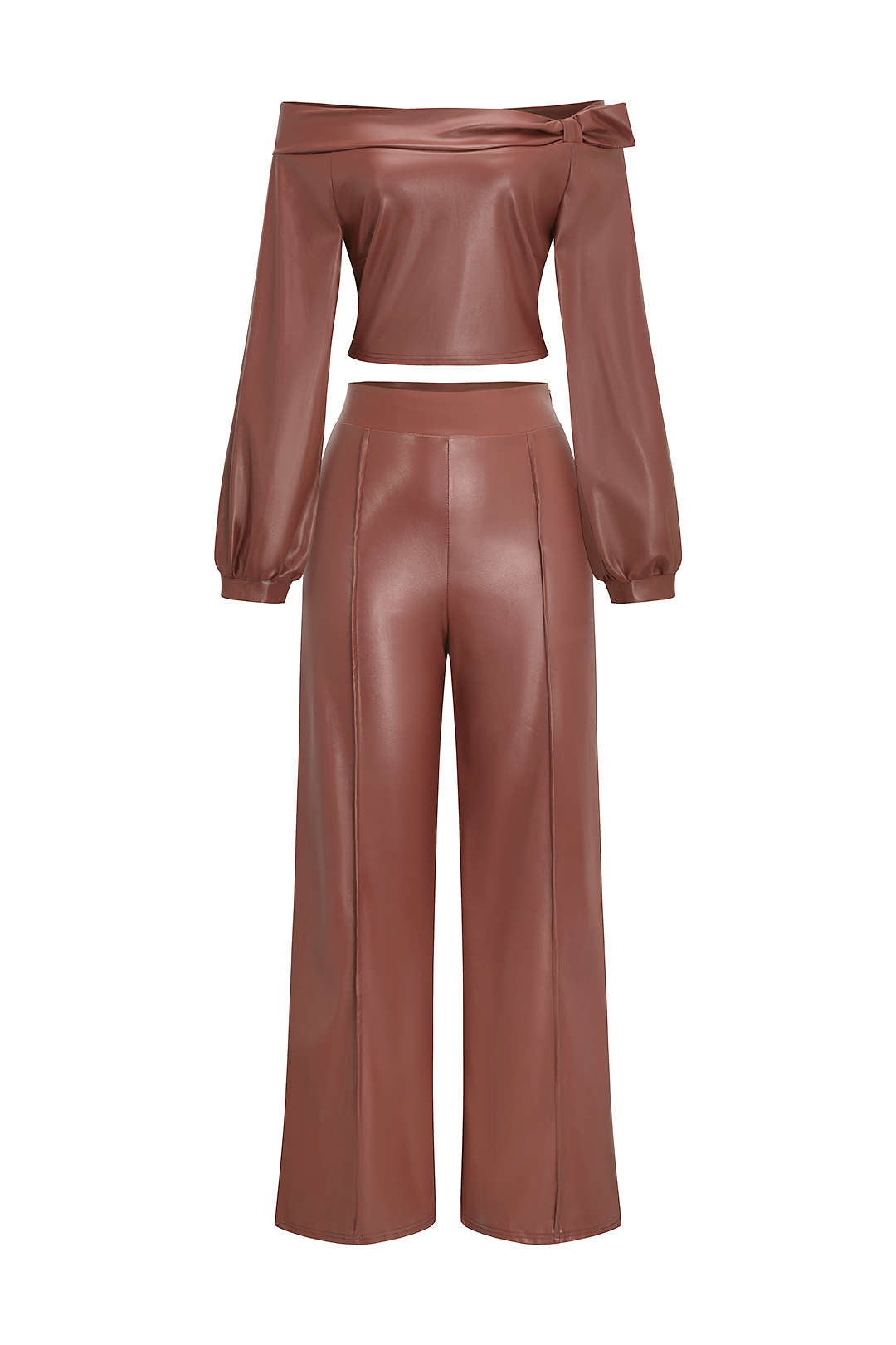 Faux Leather Off Shoulder Top And Wide Leg Trousers Set