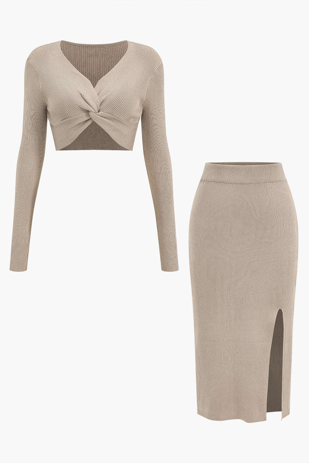 Twist Knot V-Neck Long-Sleeve Top And Side Slit Skirt Set