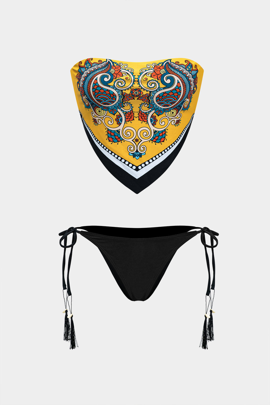 Chinoserie Print Contrast Color Block Tie-Up Bikini Set