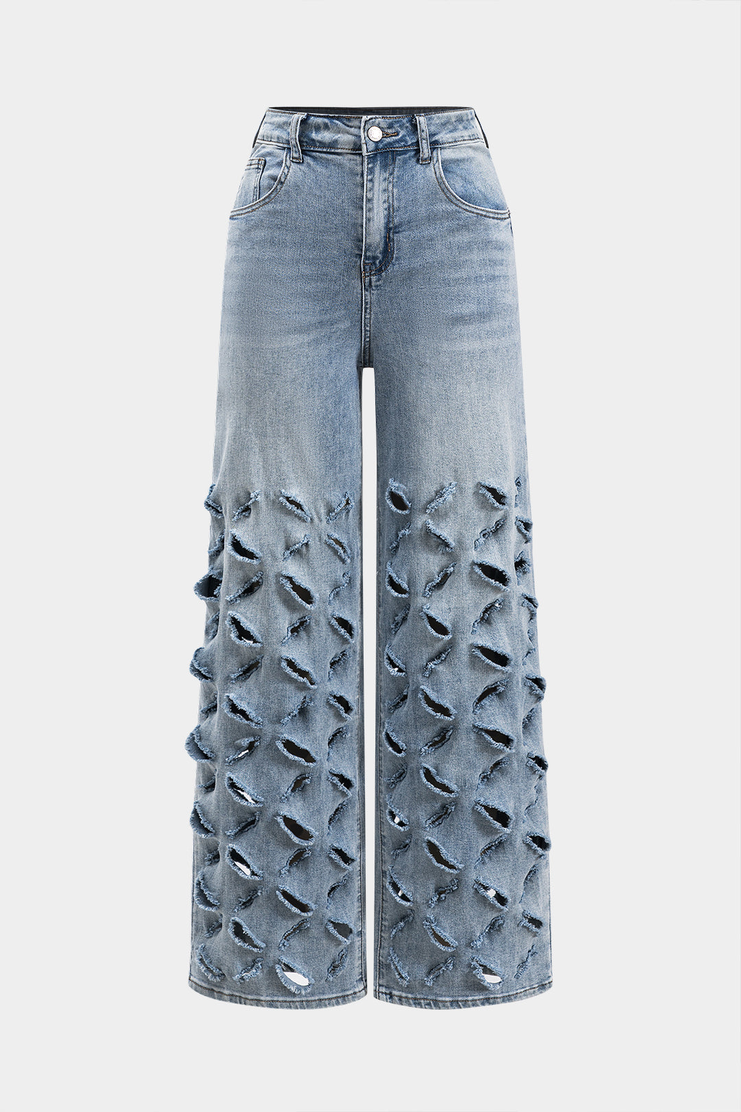 Ripped Cut Out Button Pocket Wide Leg Jeans