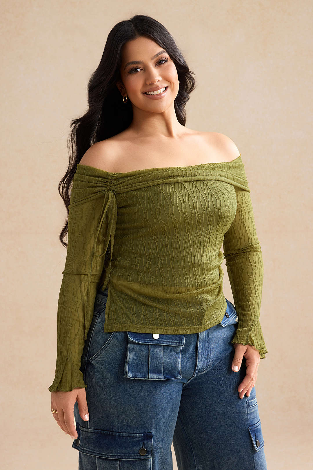 Plus Size Off Shoulder Drawstrings Long-Sleeve Top