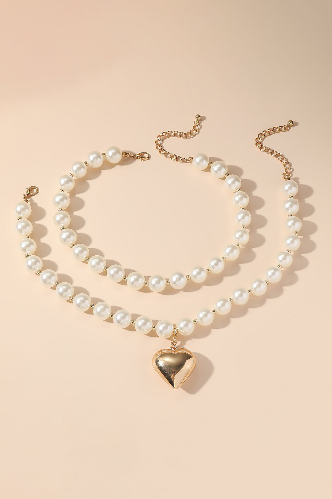 Metal Pearl Geometric Heart Pendant Double-Layer Necklace