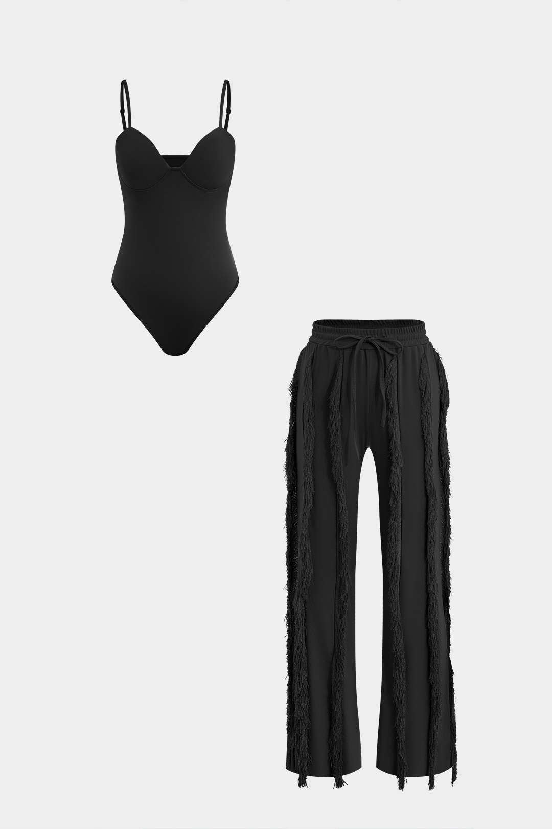 Bustier Slip Bodysuit And Fringe Tie Front Wide Leg Trousers Set