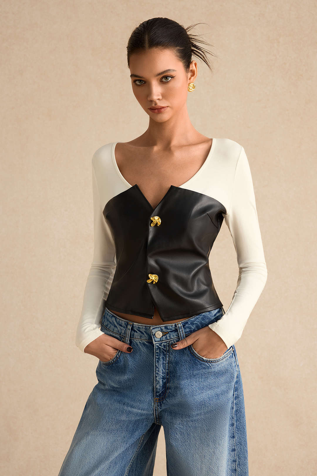 Faux Leather Patchwork Metallic Button Long-Sleeve Top