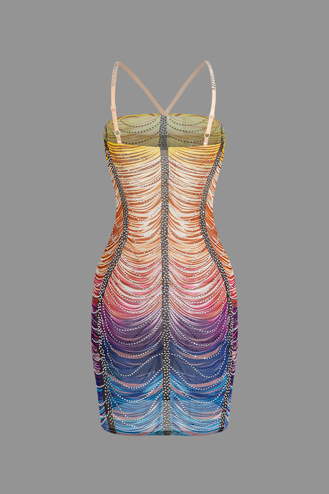 Rainbow Striped Rhinestone Bodycon Mini Dress