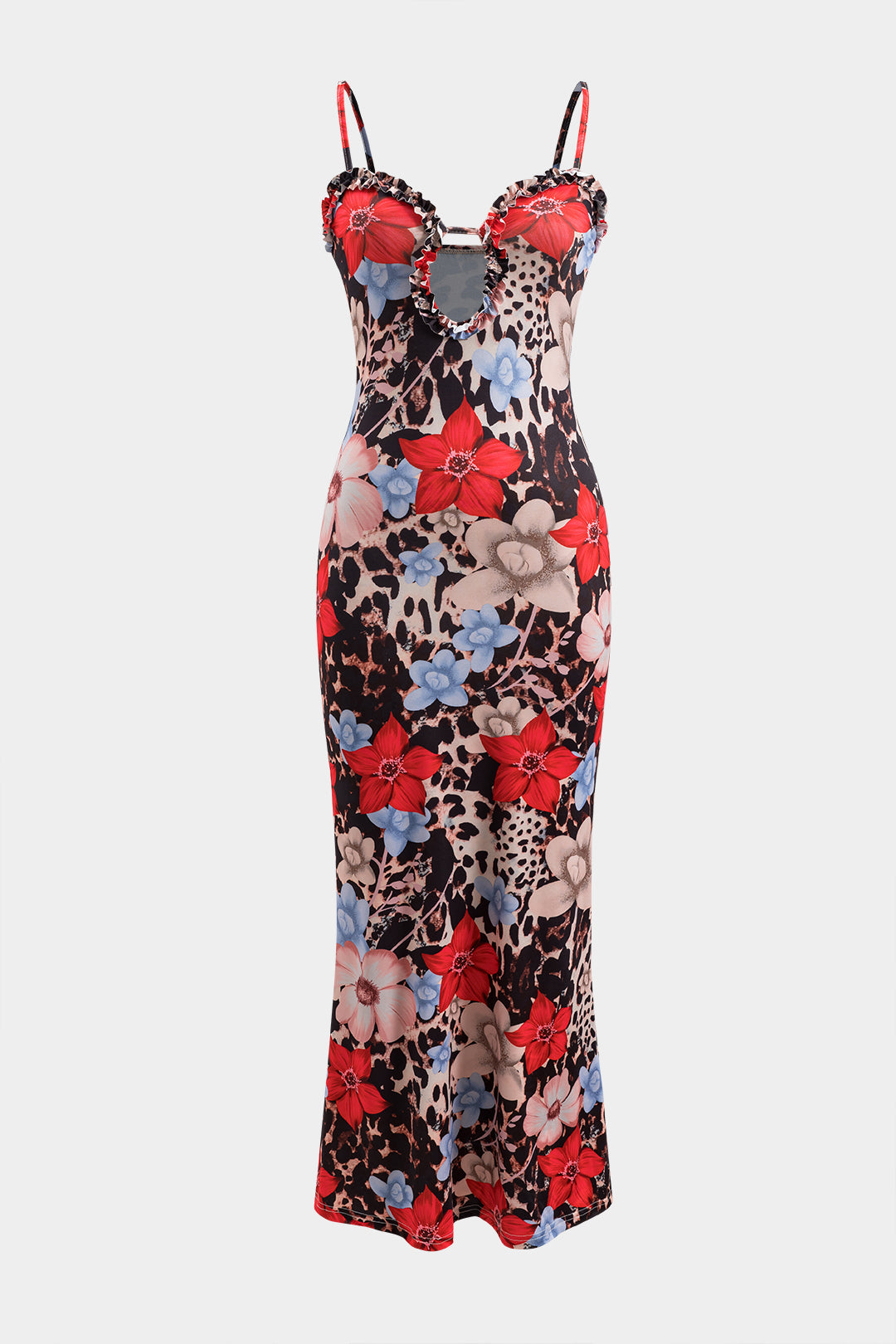 Floral Print Ruffle Cut Out Slip Maxi Dress