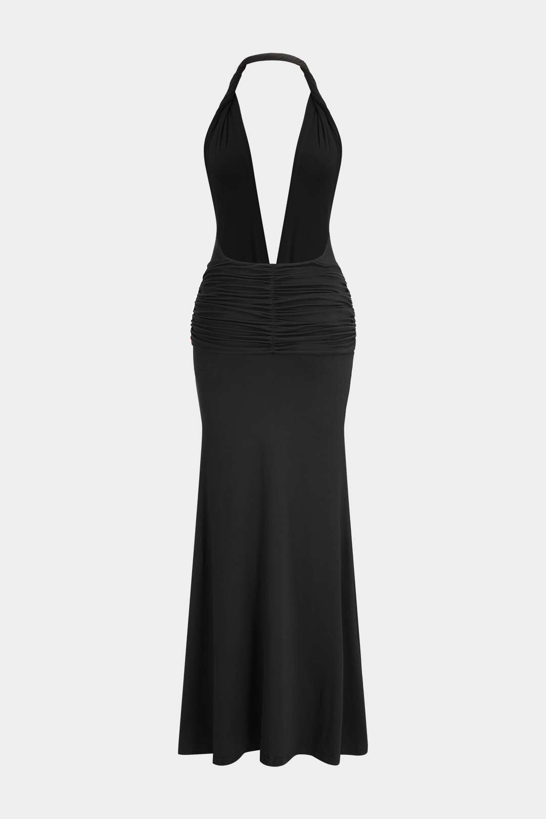 Ruched Tie Front Halter Neck Backless Maxi Dress