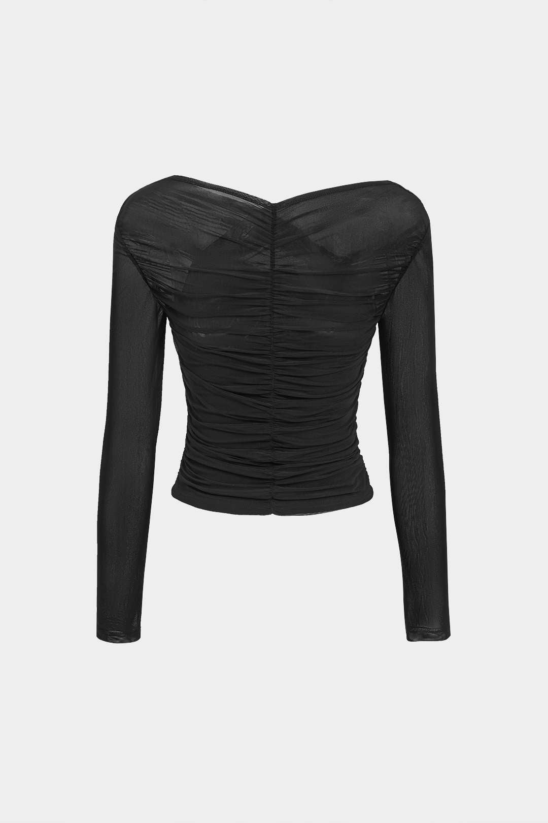 Solid Sheer Mesh Ruched Long-Sleeve Top