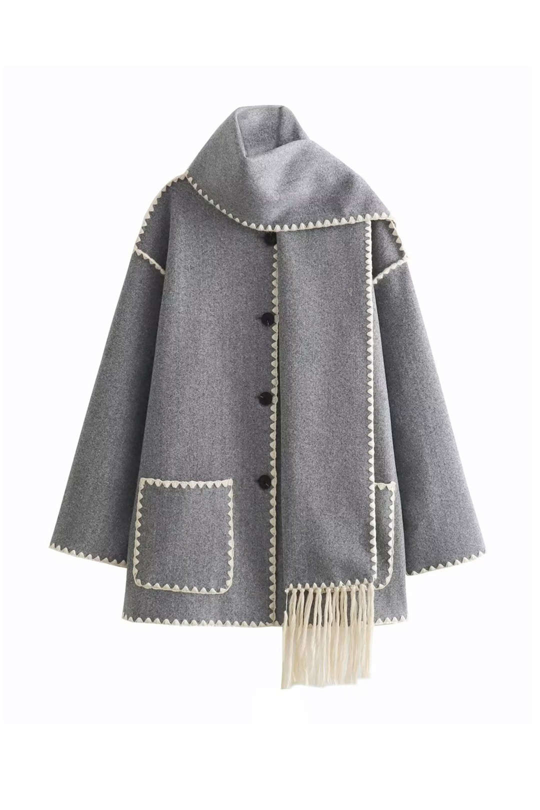 Contrast Trim Wool-blend Coat With Tassel Scarf