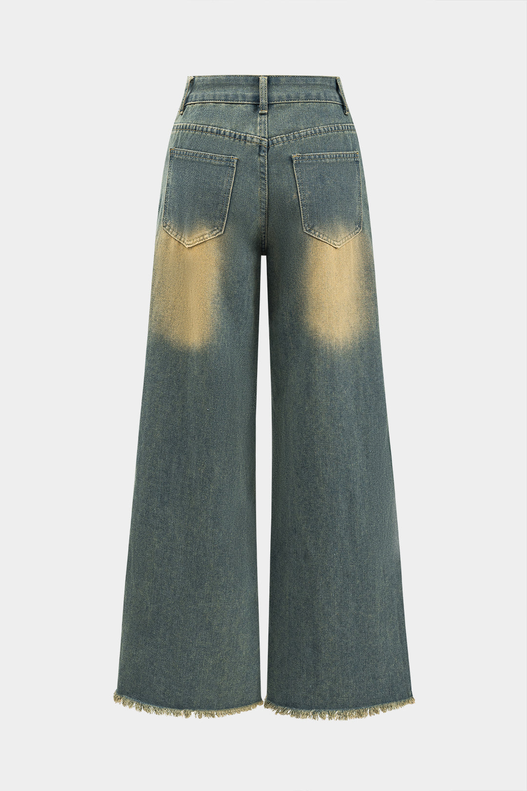 Denim Fringe Pocket Button Wide Leg Jeans