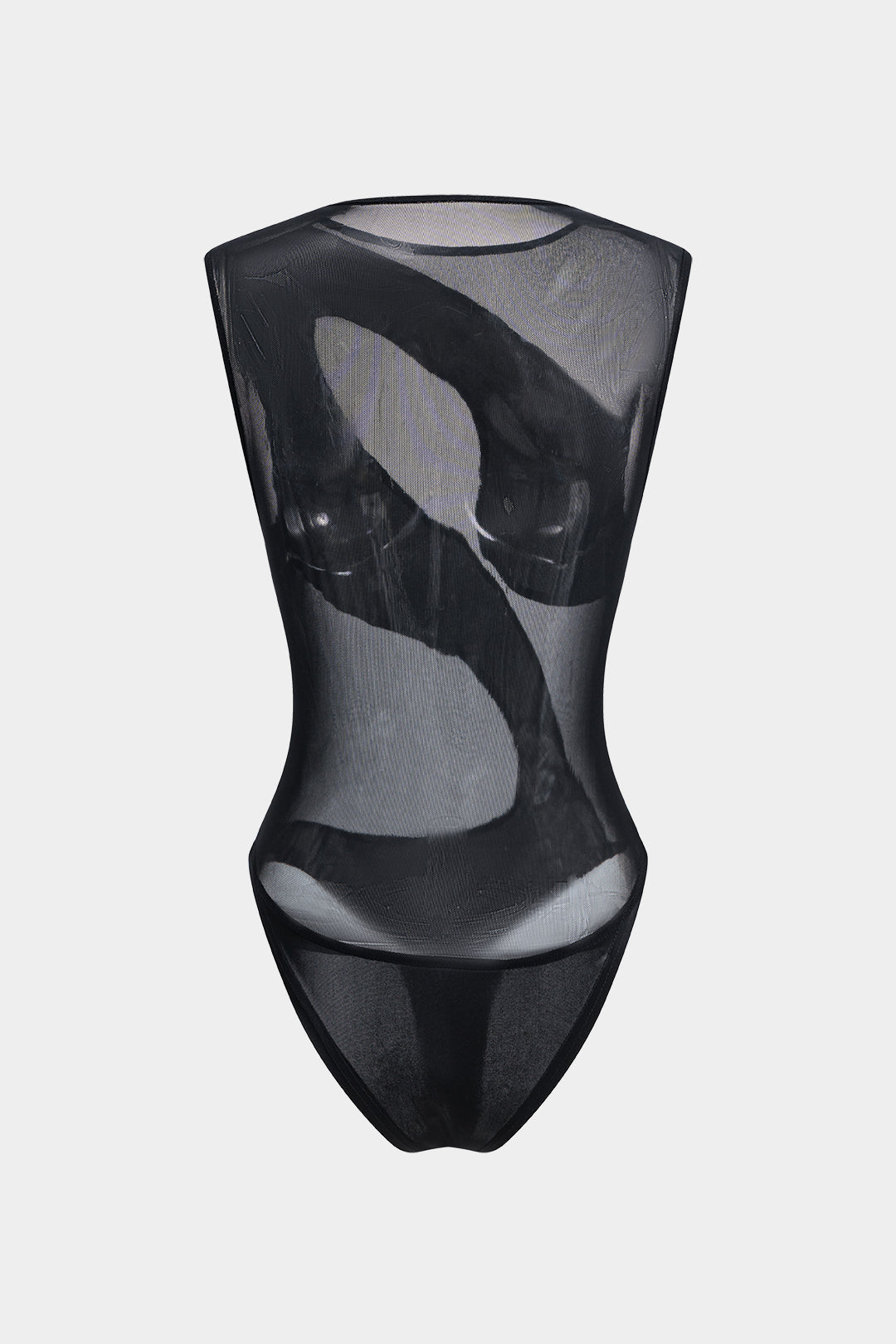 Mesh Patchwork Sheer Asymmetrical Sleeveless Bodysuit