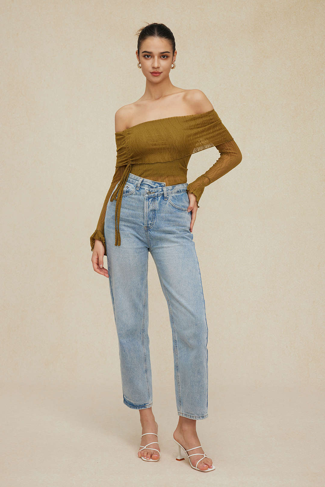 Texture Off Shoulder Asymmetrical Tie Mesh Top