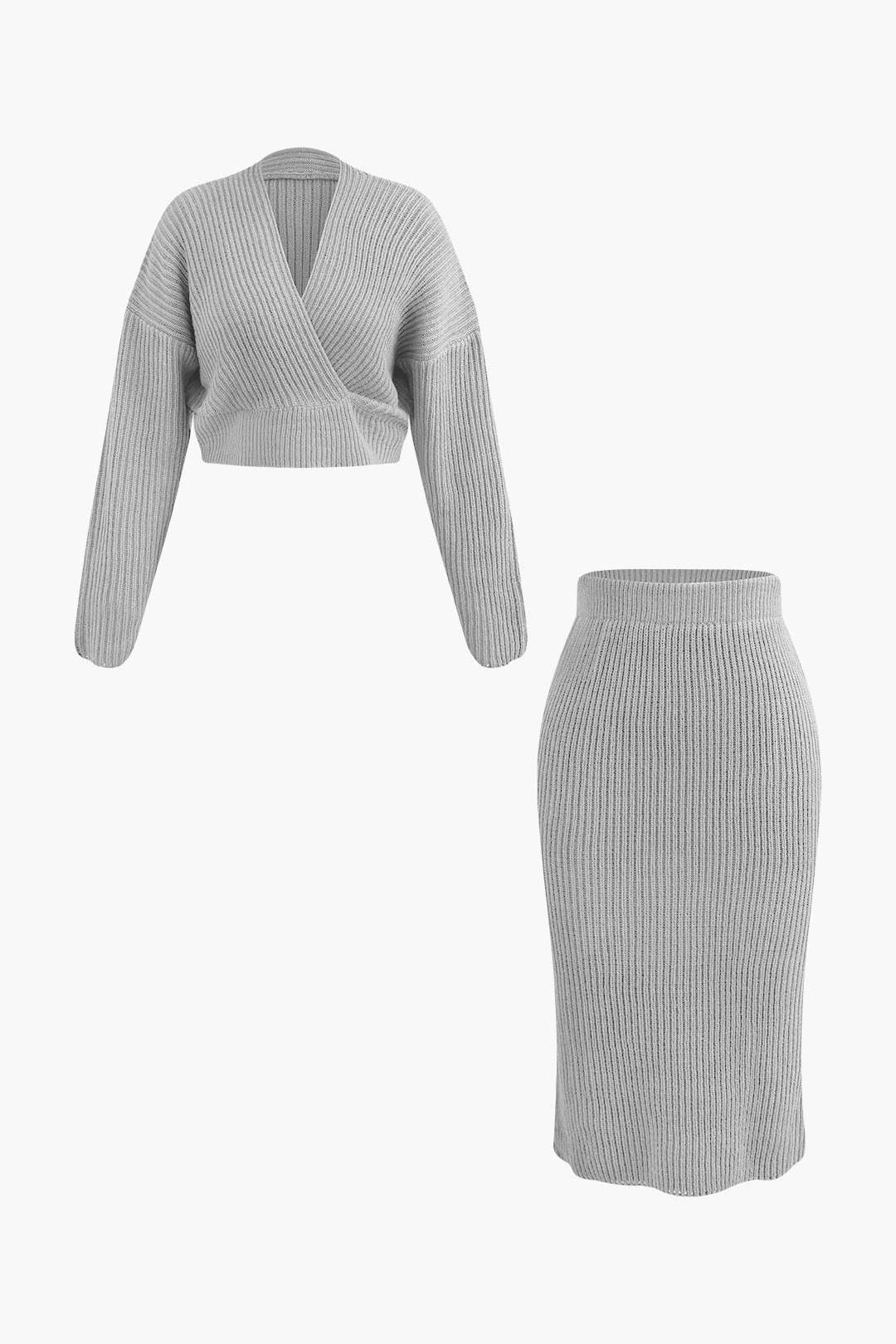 V-neck Long Sleeve Sweater And Skirt Set