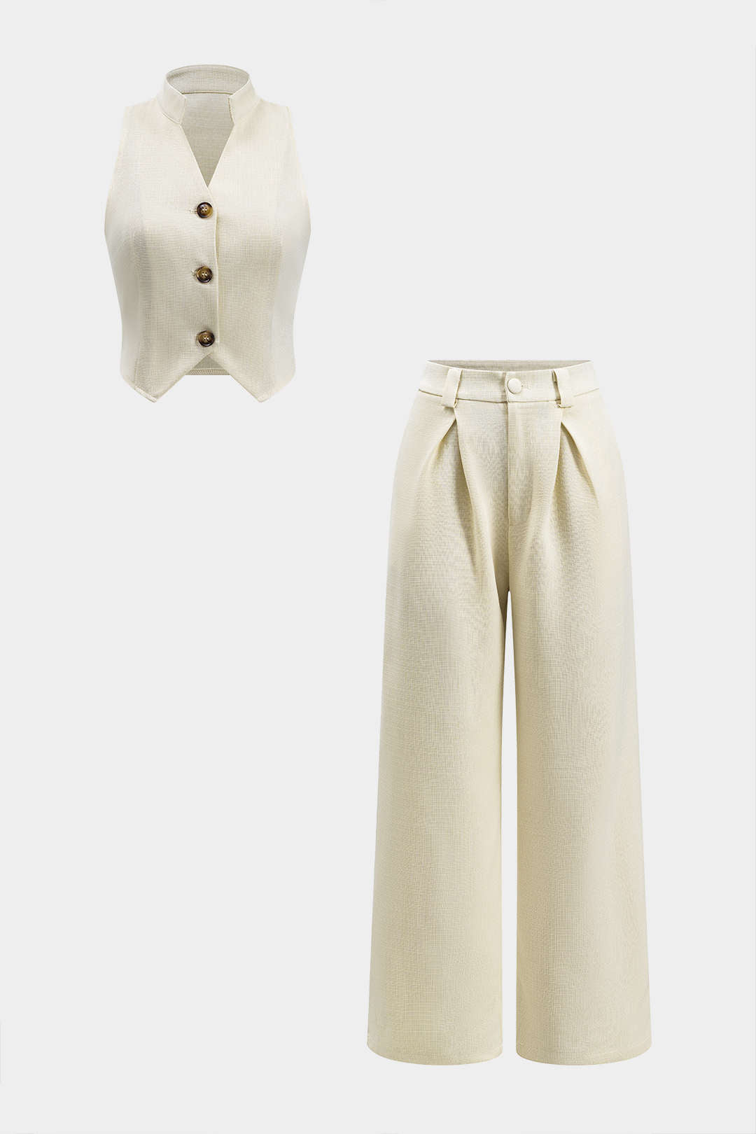 Button Sleeveless Top And Pleated Wide Leg Trousers Set