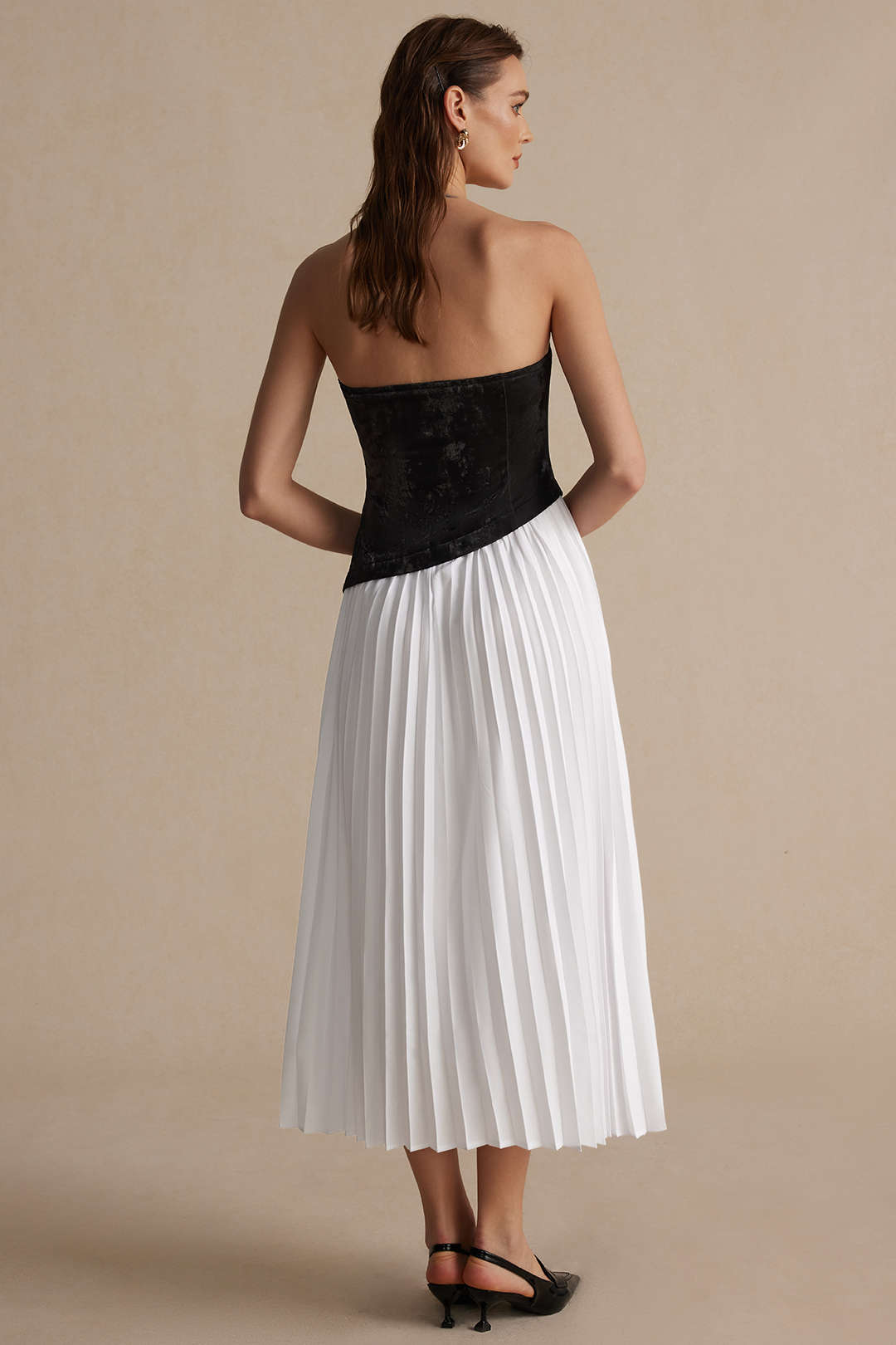 Solid Patchwork Pleated Asymmetrical Maxi Dress