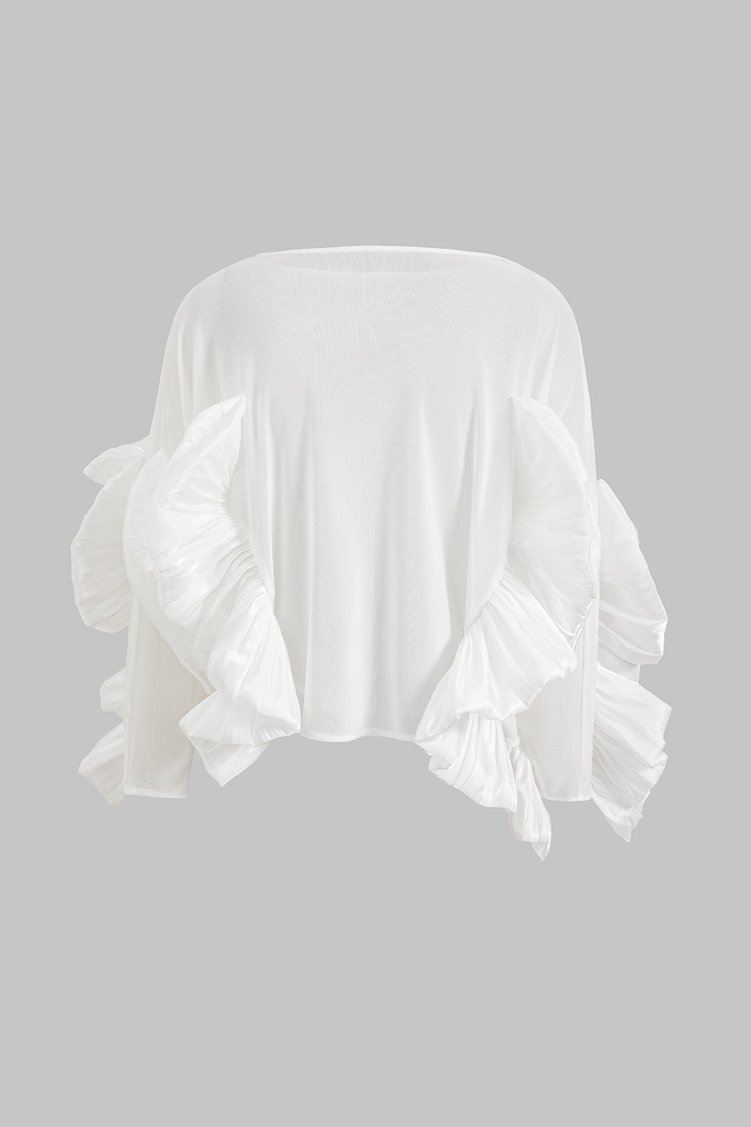 Satin Mesh Ruffle Long-Sleeve Top