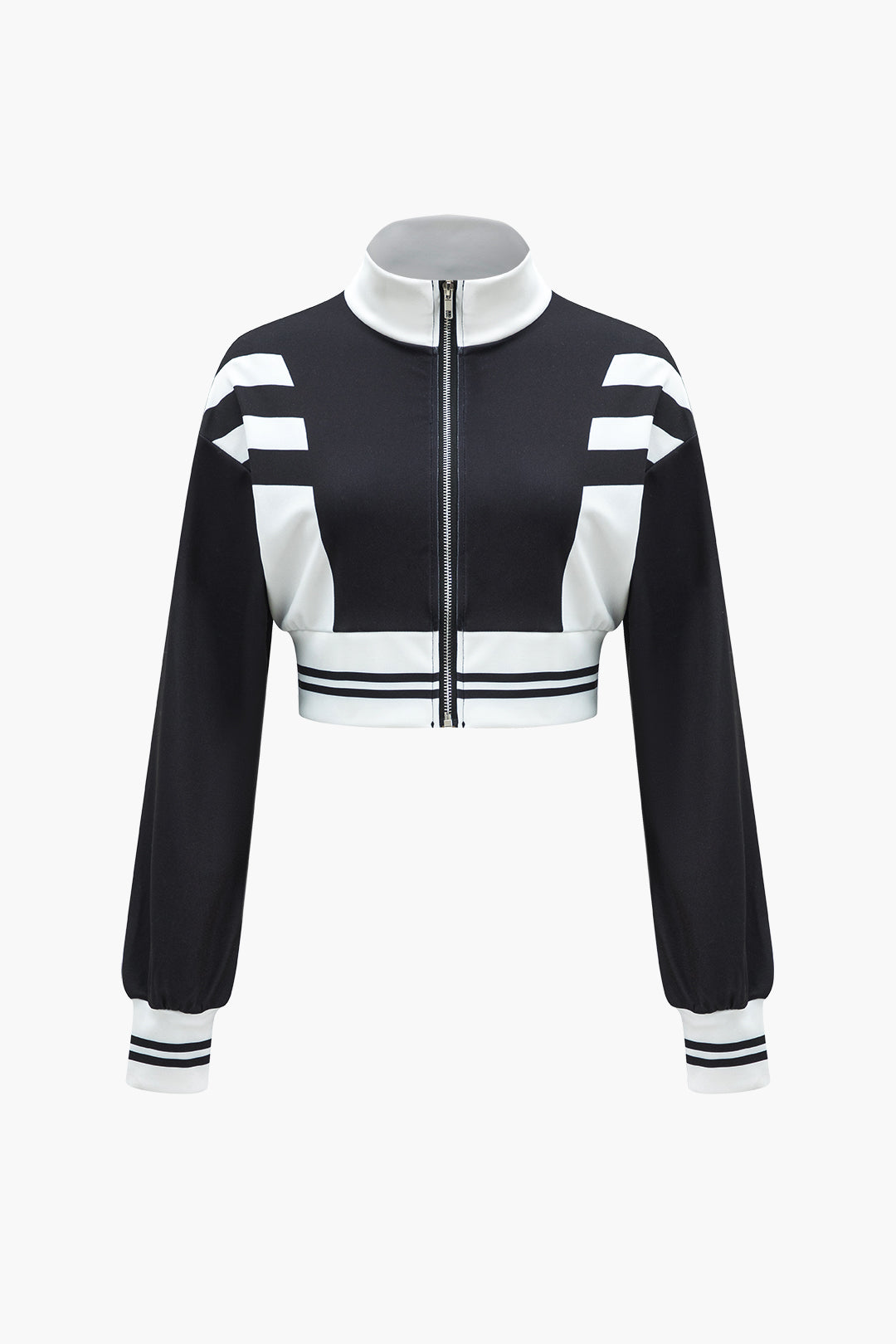 Contrast Zipper Collar Cropped Jacket And Trousers Set