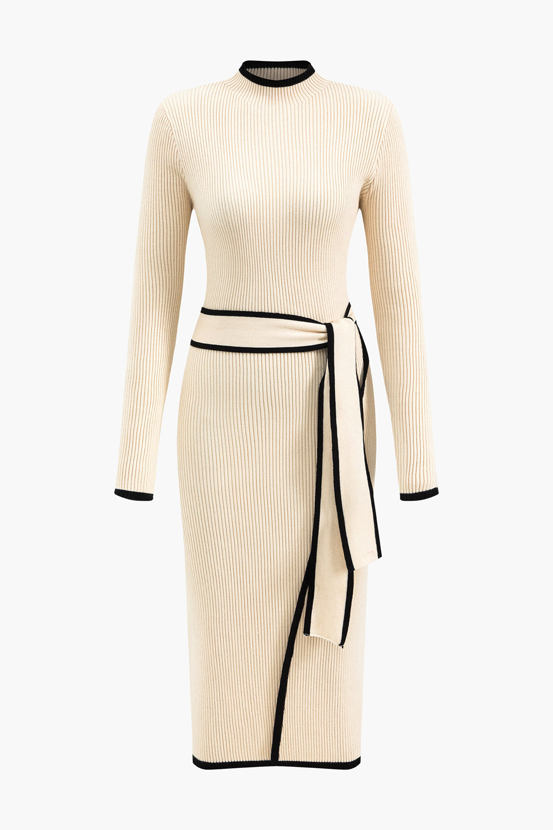 Contrast Knit Tie-Up Long Sleeve Dress