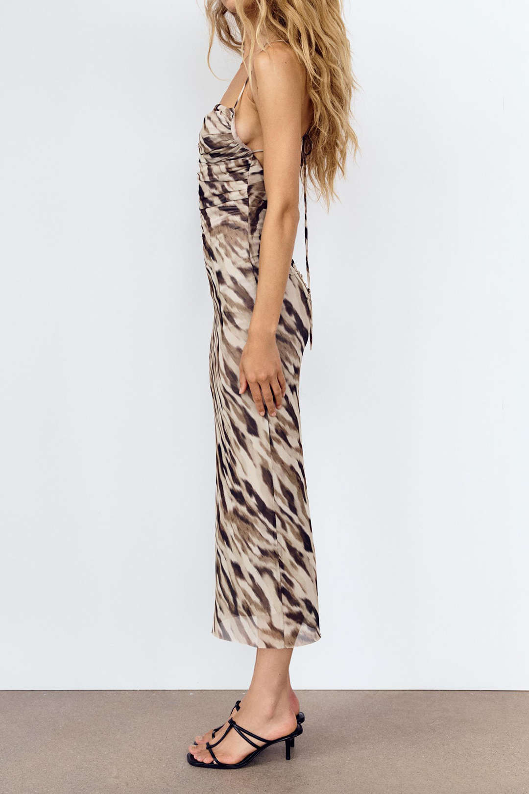 Tiger Print Mesh Ruched Backless Slip Maxi Dress