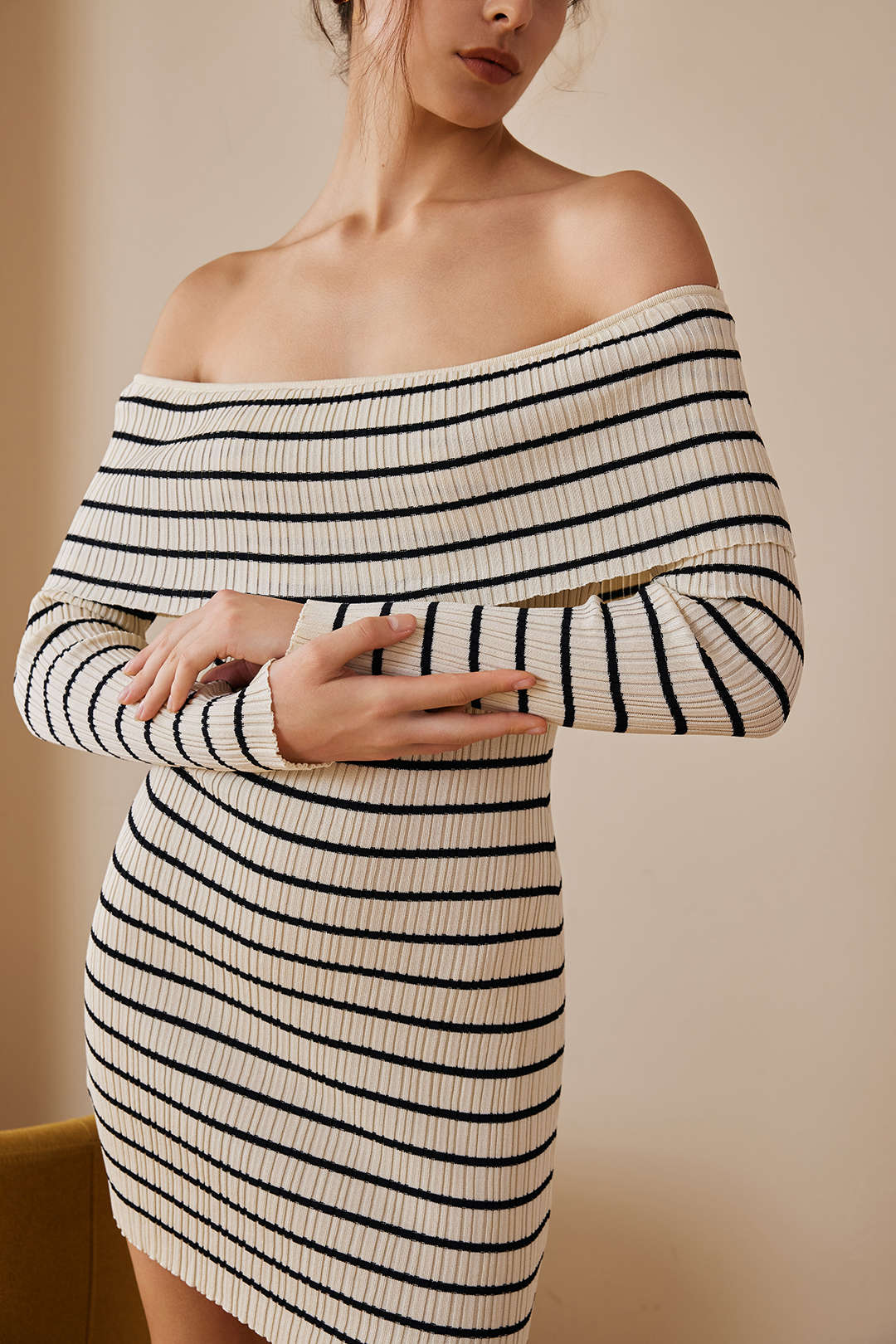 Stripe Print Knit Wrap Off Shoulder Dress