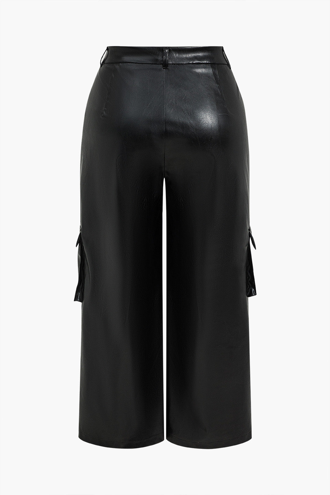 Plus Size Solid Faux Leather Wide Leg Pants Pocket Trousers