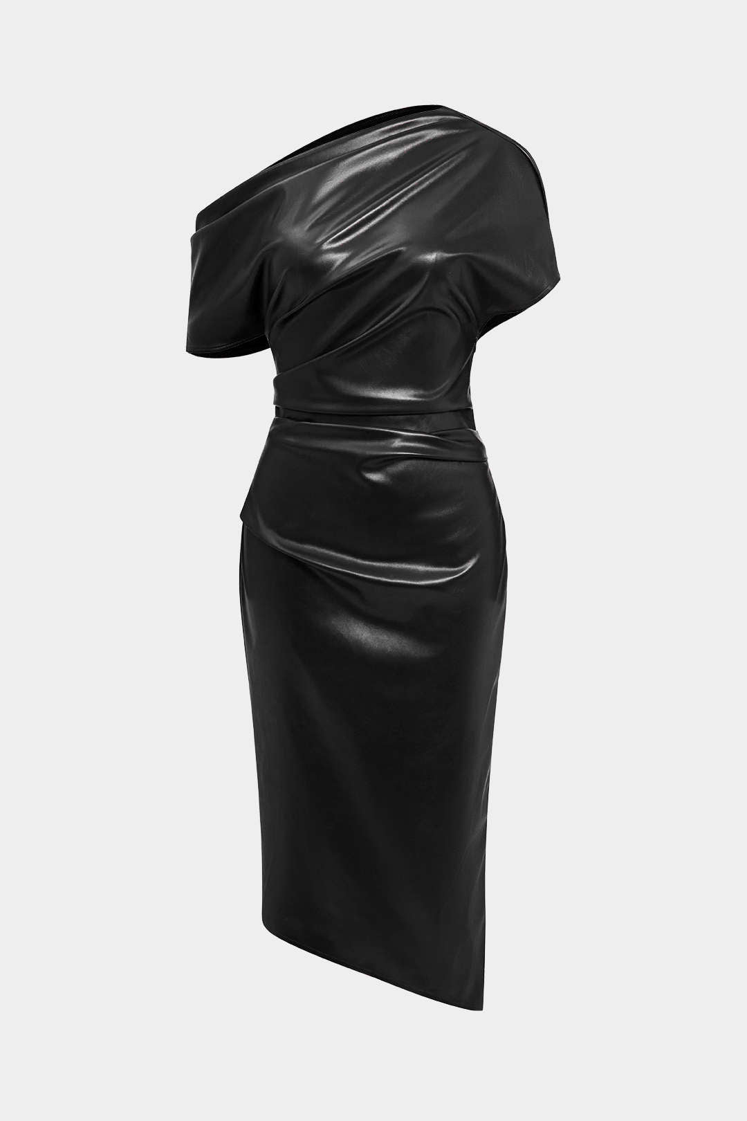 Asymmetrical Shoulder Faux Leather Bodycon Dress