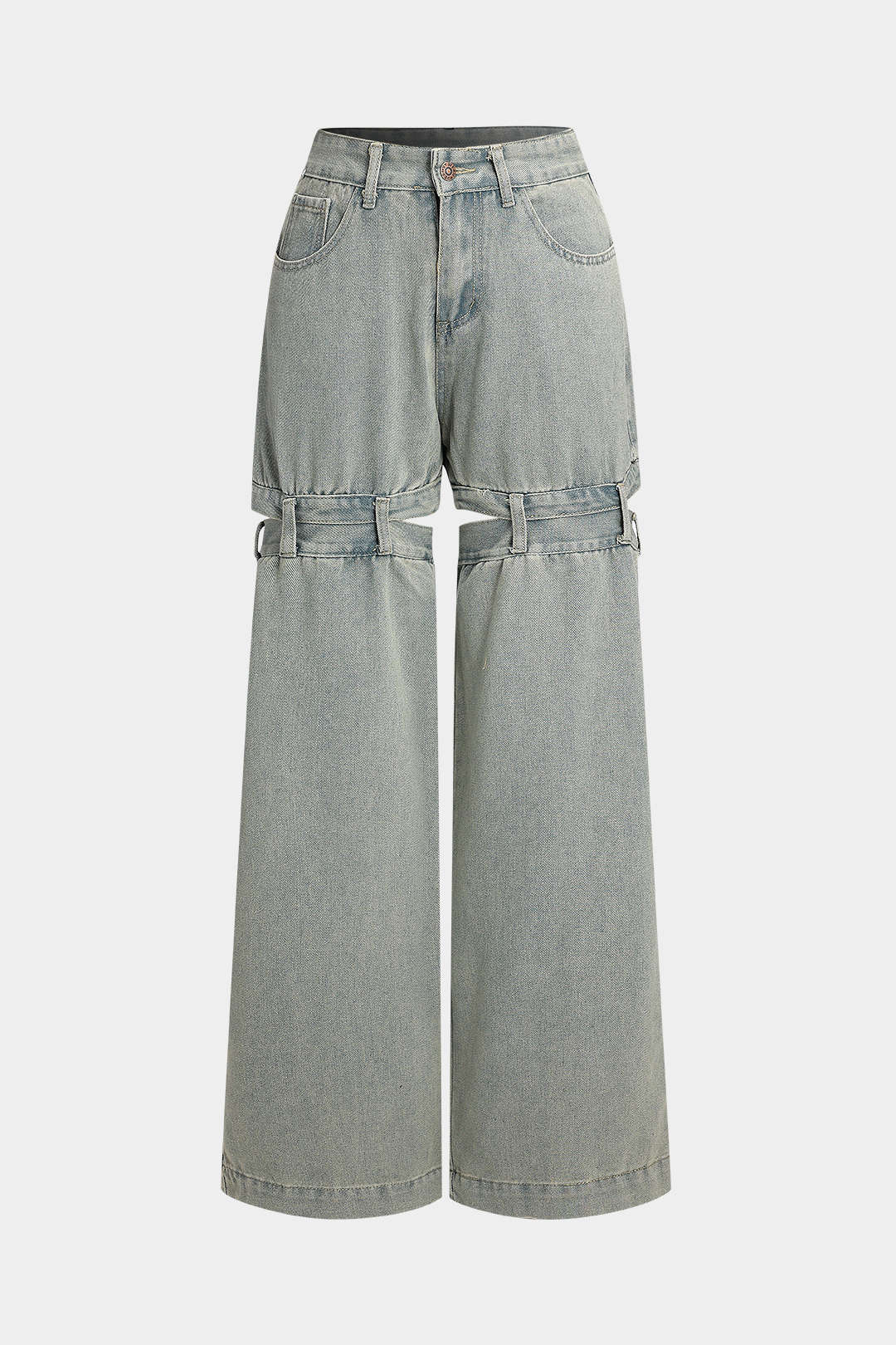 Denim Cut Out Button Pocket Wide Leg Jeans