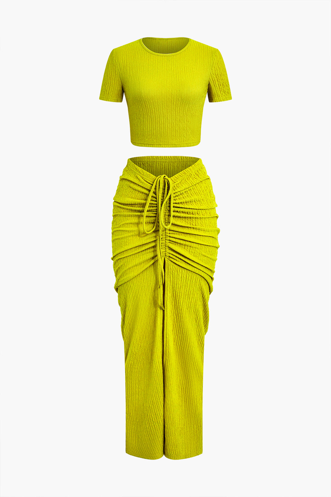 Textured Crop Top And Drawstring Ruched Skirt Set