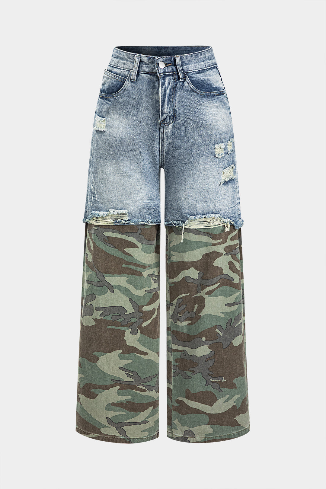 Camo Print Denim Patchwork Button Pocket Jeans