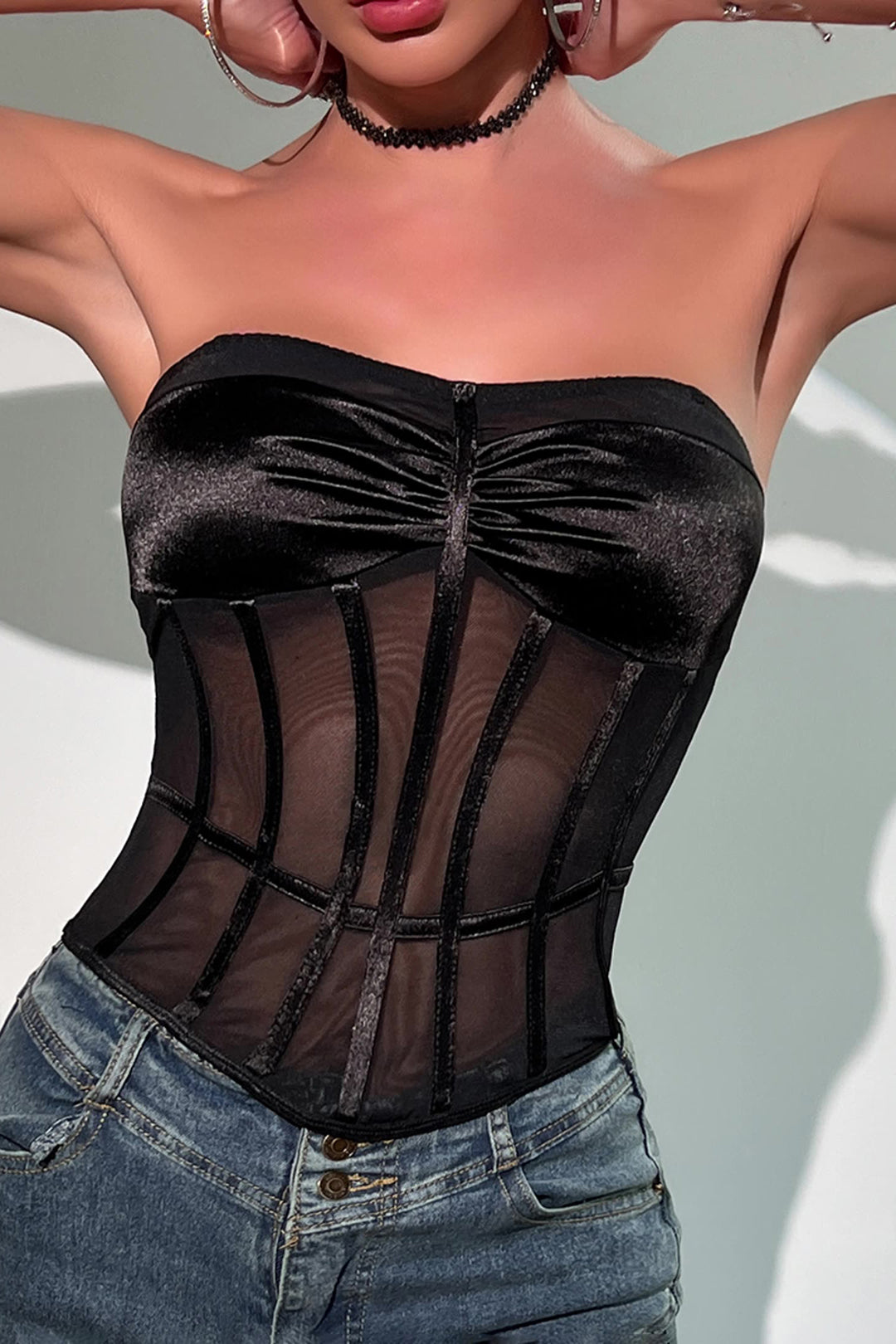 Mesh Satin Ruched Sheer Backless Bustier Corset Tube Top