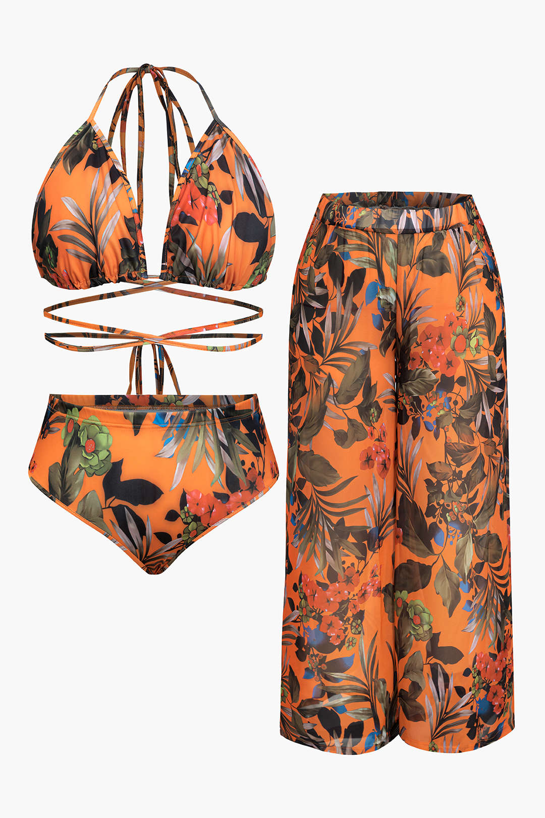 Plus Size Floral Print Bikini And Wide Leg Pants Set