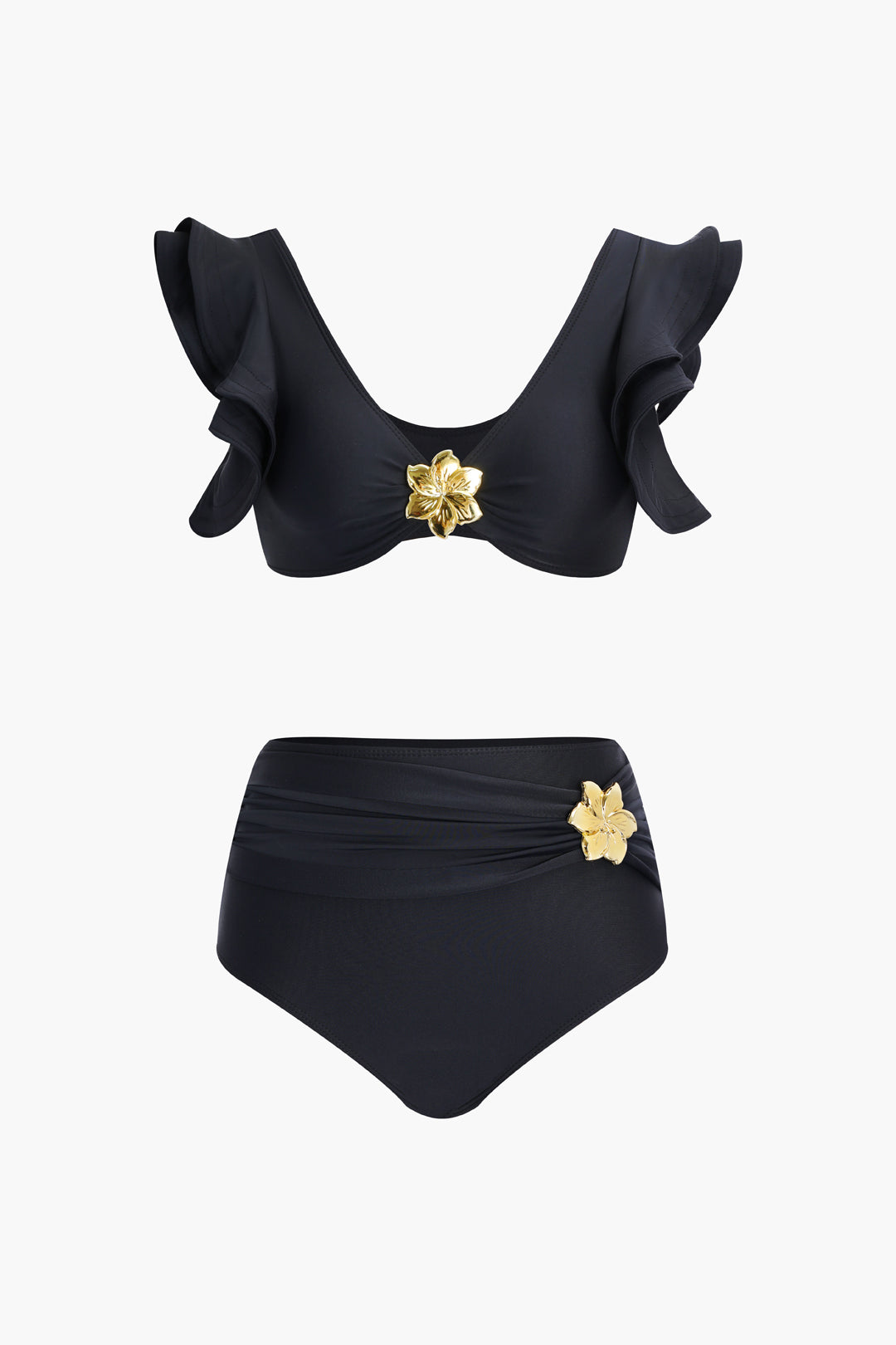 Metal Flower Decor Ruffle Bikini Set