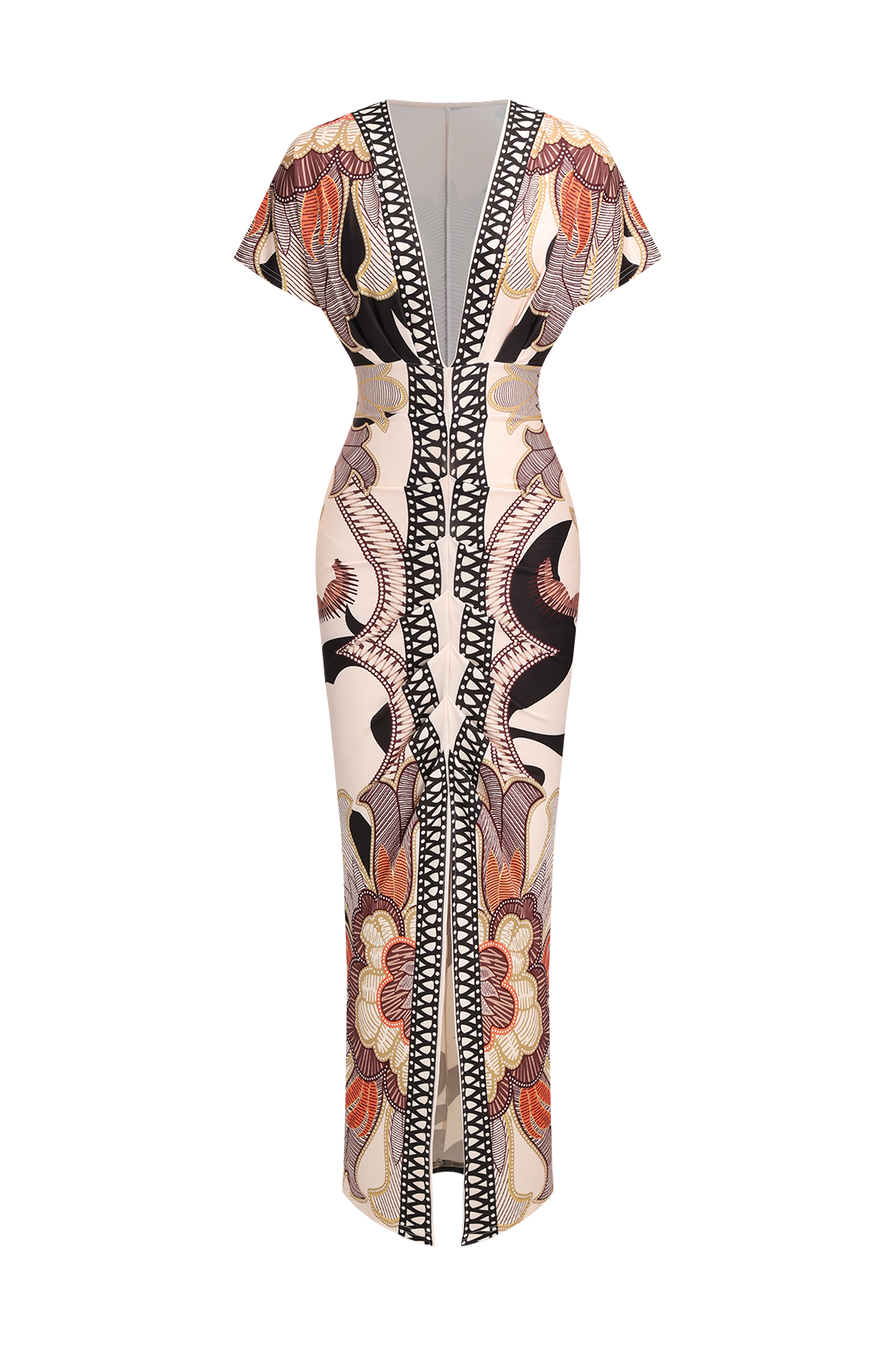 Geometric Leaves Print Ruched Short Sleeve Slit Midi Dress