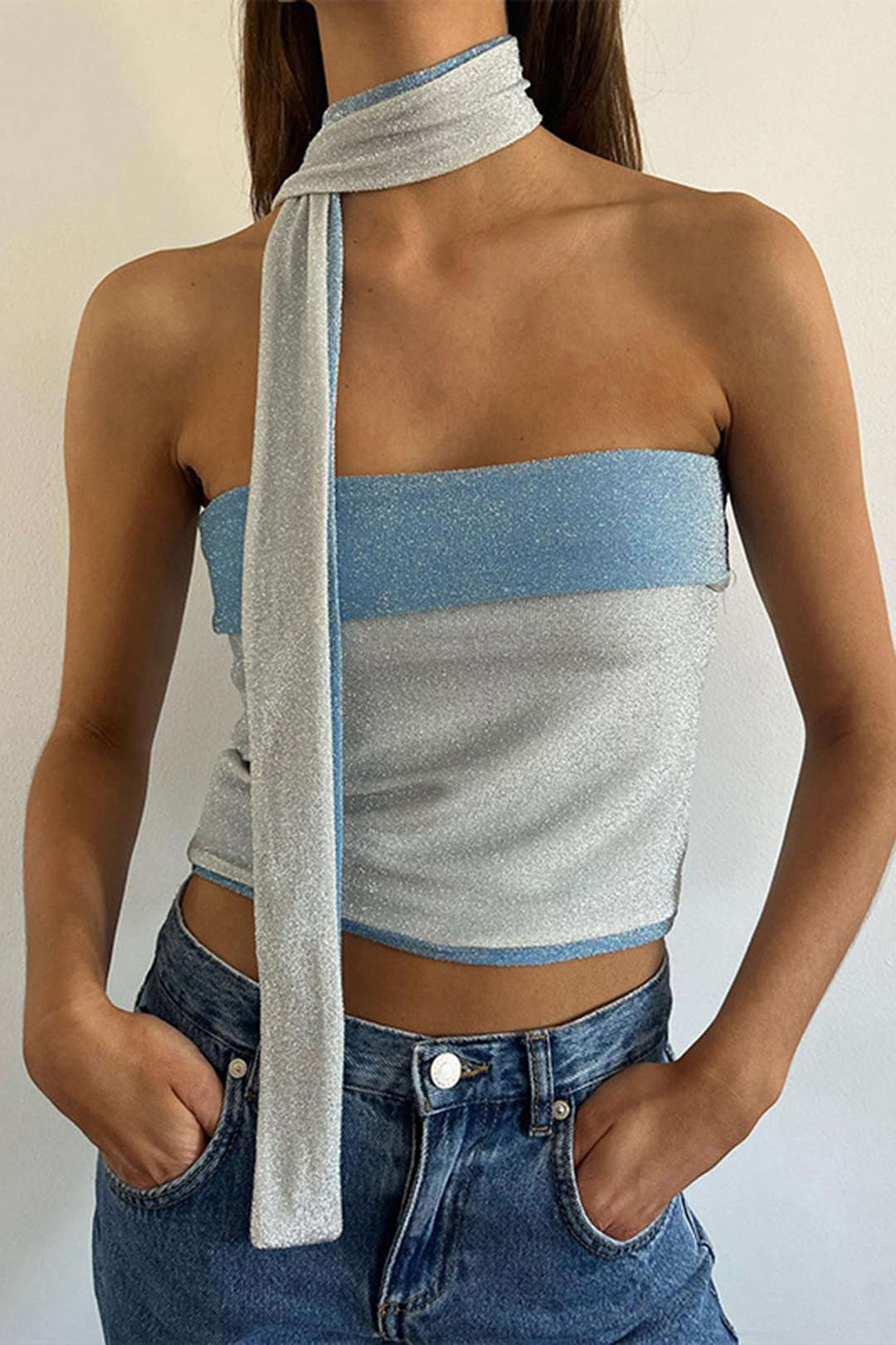 Patchwork Cropped Tube Top With Scarf